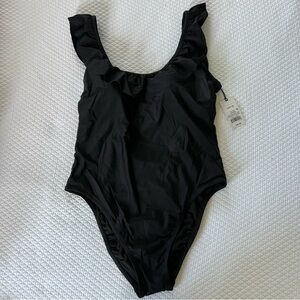Shade & Shore Black Scoop Neck High Cut Ruffle One-Piece Swimsuit • Large